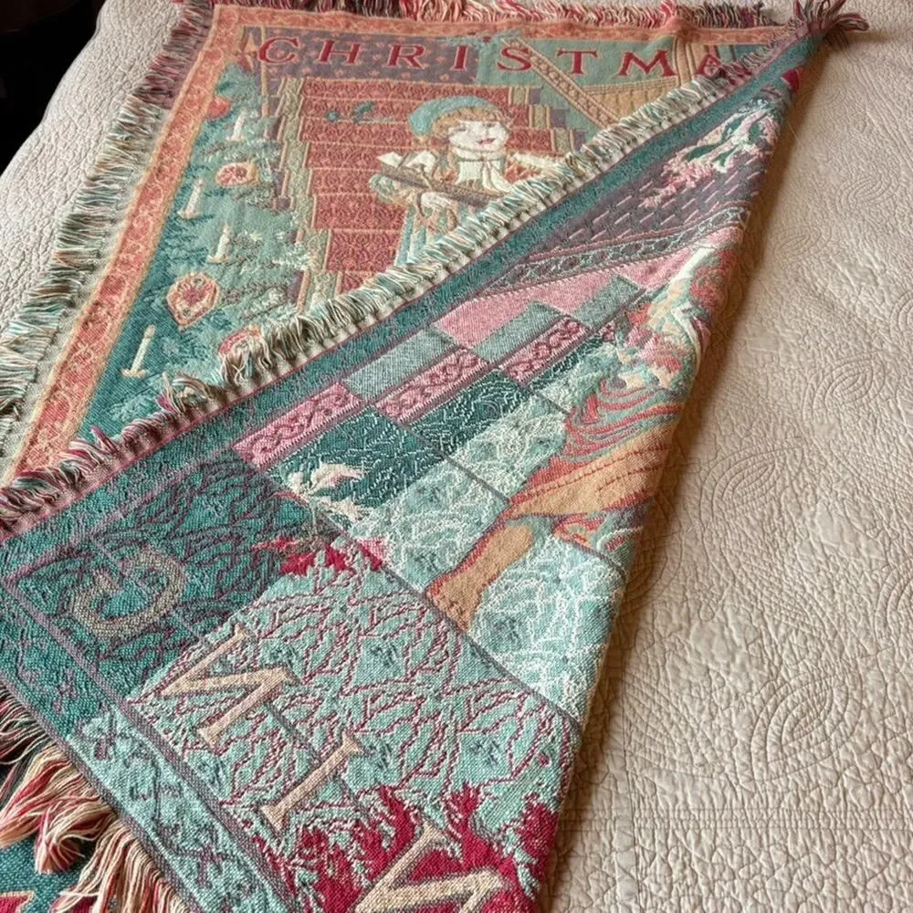 Vintage Tapestry Woven Throw Blanket Fringe 44x68